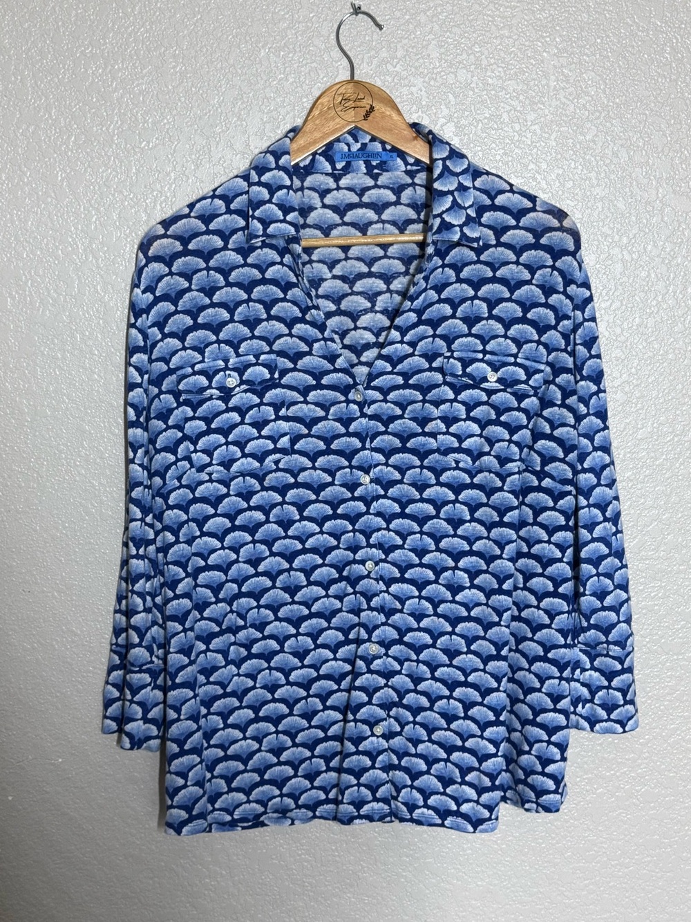 J. McLaughlin Printed Button Front Linen Blend Top XL